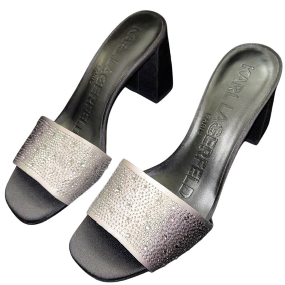 NIB KARL LAGERFELD PARIS PERA RHINESTONE BLACK WHITE SLIDE SANDAL. 9 M Sparkly - Picture 2 of 12